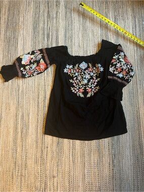 Free People Black Off-Shoulder Tunic with Multicolor Floral Embroidery